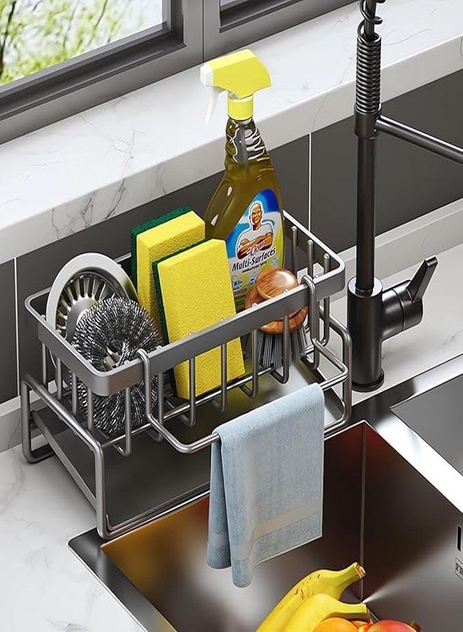 VLSYS Sink Organizer, Metal Sponge Holder Kitchen | Auto-Draining Sink Storage | Organizer soap Tray, Sink Shelf with Towel bar, dishwashing Brush Holder, Kitchen Storage Rack (Black) - Image 1